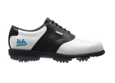 University of California Los Angeles golf shoe that is white with black accents and a blue and golf small college logo on the side next to the arch support and Footjoy emblem.