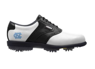 North Carolina golf shoe that is black and white in traditional design with a UNC Carolina blue logo on the side next to the Footjoy logo on these men's size 9 golf footwear.