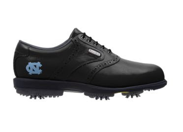 Tar Heels golf shoe that is black with a Carolina blue logo on the heel by the padded ankle area with a black tongue and black shoelaces.