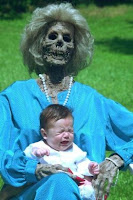 granny died suddenly, child sitting on a skeleton