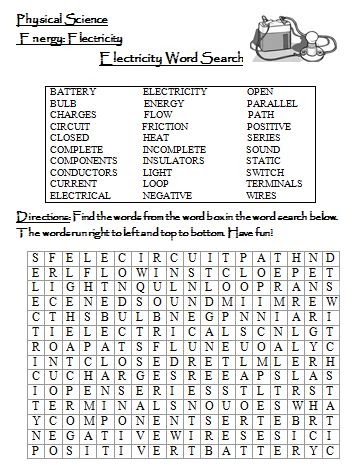 Learning Ideas - Grades K-8: Electrical Energy Word Search