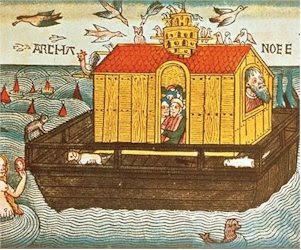 Noah in his Ark waiting for the Deluge.
