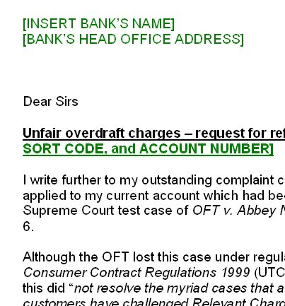 bank charges refund letter format