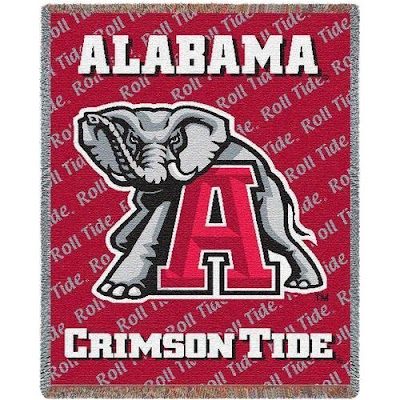 Red University of Alabama blanket with the elephant mascot and a big letter A.