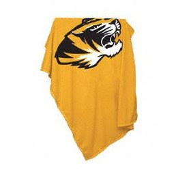 University of Missouri (MU) Tigers gold sweatshirt blanket with black Truman the Tiger logo.