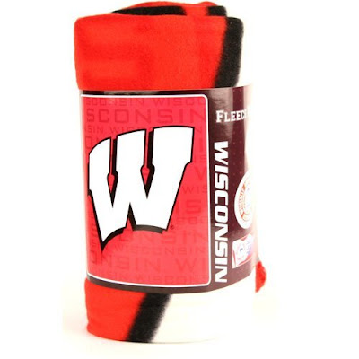 University of Wisconsin Badgers fleece blanket that is white and red.