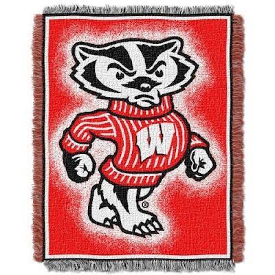 Wisconsin Badgers red throw blanket with Bucky the Badger.