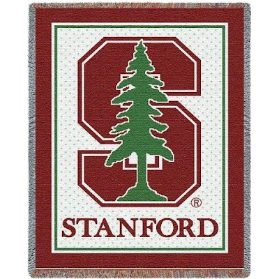 Stanford Cardinal white blanket with green tree mascot.