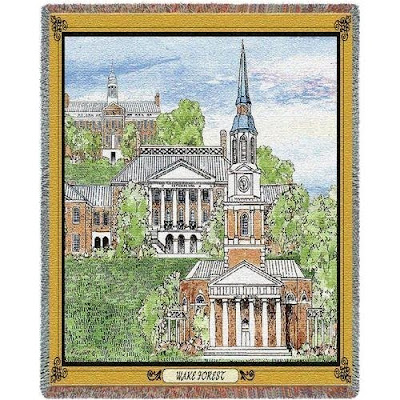 Wake Forest University tapestry blanket with campus landmarks.