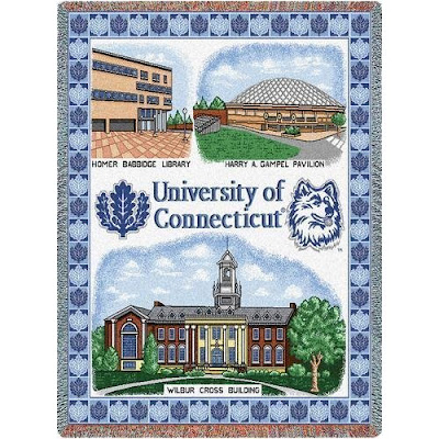 University of Connecticut tapestry blanket with campus landmarks including Homer Babbidge Library, Harry Gampel Pavilion, and Wilbur Cross Building.