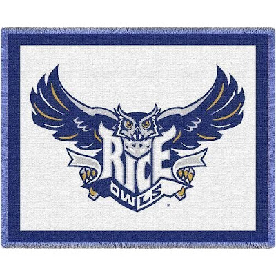 Rice Owls throw blanket that is white and blue.