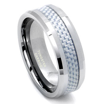 Gents tungsten carbide wedding band has a silver carbon fiber inlay