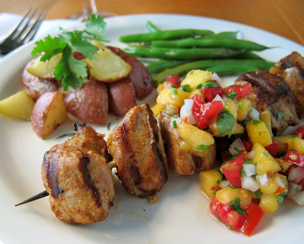 last call for corn pork kabobs with peach salsa