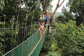 Walking across a rope bridge.