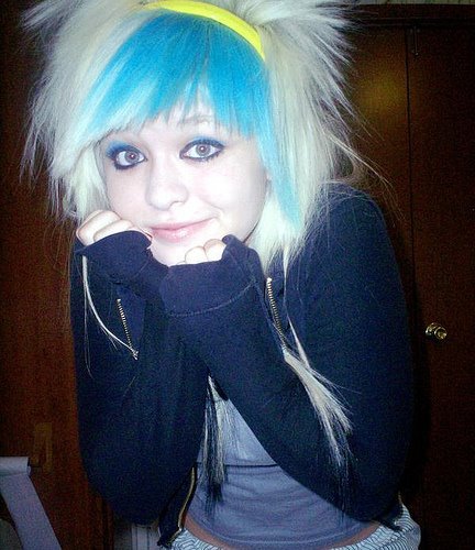 emo girl with white blue emo hair. this emo hairstyle is beautiful.