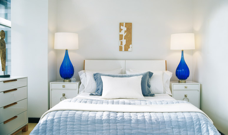 Bedroom with Great Blue Lamps