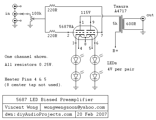 Tube Preamplifier 5687 Led Biased Circuit