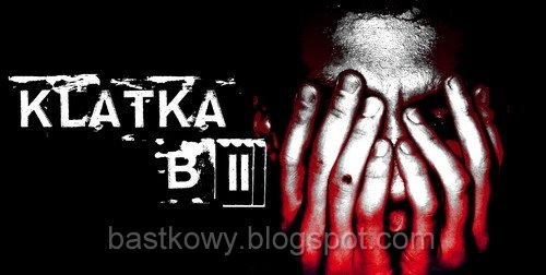 Artystyczne zdjęcie człowieka z zakrytą twarzą dłońmi na tle czarno-czerwonej grafiki z napisem "Klatka B"