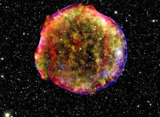 Foto de los restos de la supernova de Tycho en rayos X, infrarrojo y visible.