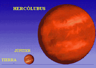 Compasración aproximada de los tamaños de Hercólubus, Júpiter y La Tierra