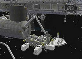 Una imagen generada por computadora del brazo robot de Kibo colocando afuera, en el porche, el Equipo de Adquisición de Datos del Medio Ambiente Espacial - Carga Útil Adjunta.
