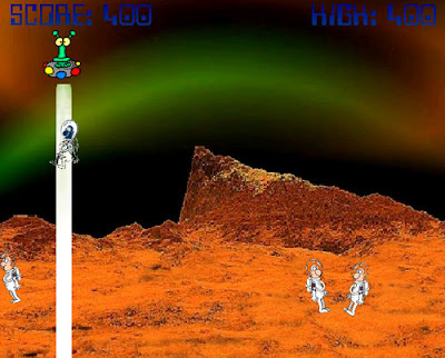 Image of a moonscape with an alien UFO beaming up a space man.