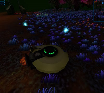 Image of your disc shaped futuristic craft within the game Zogan's Log. Sitting on a patch of psychedelic scrub land. Bright blue laser bursts have been scattered out in an arc from your craft.