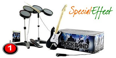 Image of Harmonix Rock Band kit of Guitar, Drums and Microphone. A red one-switch symbol and Special Effect logo surround the gear.