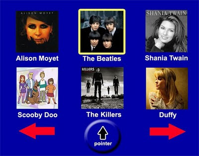 Image of a 3 by 2 grid of square photos. Each photo is of a different music act or theme tune. These images include Alison Moyet, The Killers and Scooby Doo. Beneath these are two navigation arrows (left and right) and a pointer clickable area.