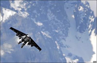 Swiss pilot Yves Rossy, who calls himself 'Fusion Man', becomes the first person to fly with jet-fuel powered wings strapped to his back. He completed several loops at 300km/h (186mph) above the Alps.