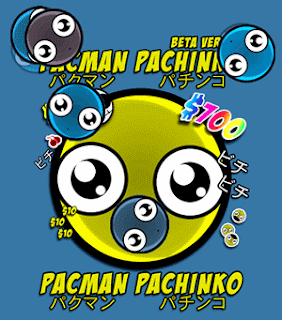 Image of Pacman Pachinko front screen - large yellow ball with cartoon eyes surrounded by smaller balls with eyes and dollar signs.