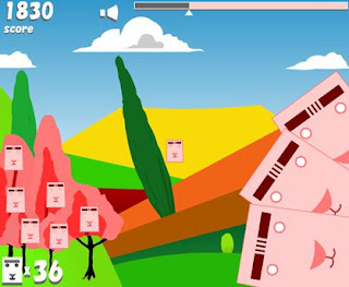 Image of cartoon scene - with a ton of pink squared rabit type 'Doeo's popping up all over the place.