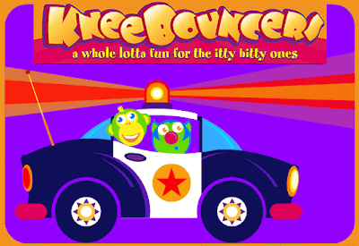 KneeBouncers image - of two cartoon characters in a cartoon police car all in primary colours.