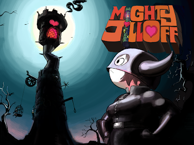 Image of the Mighty Jill in Gimp gear - staring up at an ominous looking tall tower on a moonlit night.