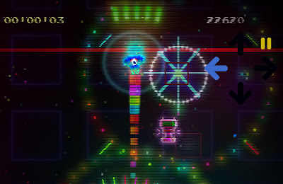 Image of SYNSO Championship Edition, an arena shoot-em-up, much like an updated psychedelic version of Robotron: 2084. In the top corner are four arrows, one highlighted, as part of the 4Noah SYNSO one-switch gaming utility.