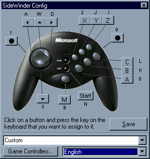 Image of a reconfiguration screen for changing game play controls on a Microsoft Sidewinder Joypad.