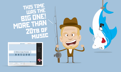 Cartoon image of a man with a fishing rod who has caught a shark, which hangs upside down looking dazed whilst listening to an iPod. A bit odd I grant you!