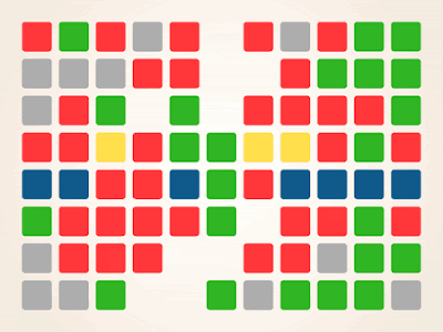 Image of 11x8 grid of mosaic art, with four different scattered colours uniformly divided by a white background. Created in one-switch digital toy: The Ambiomat