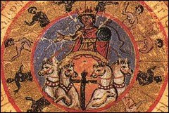 9th-century illustration of Helios' quadriga at the center of the cosmos