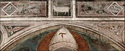 Tau cross and border details including stork, Lamb, and pelican