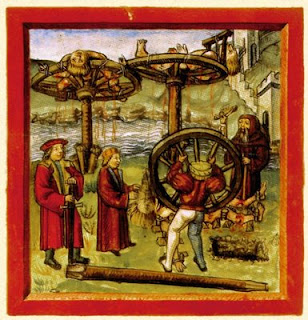 A medieval executioner breaking a victim with the wheel; Diebold Schilling, Luzerner Chronik, 1509-13
