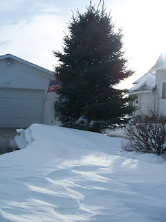 snow drifts in the driveway area