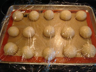 rolls rising on a sheet pan covered with saran wrap