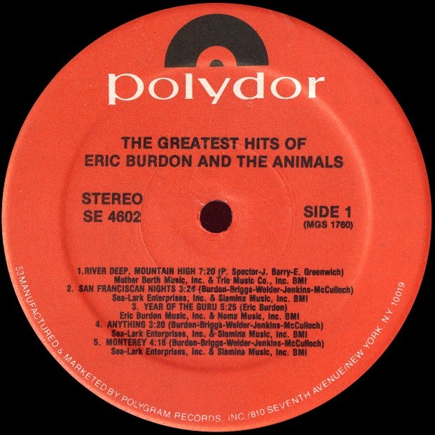 Vinyl Lp Label Scans Animals The Greatest Hits Of Eric Burdon The Animals