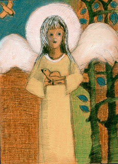 aniołek z gołąbkiem - pastel i piórko