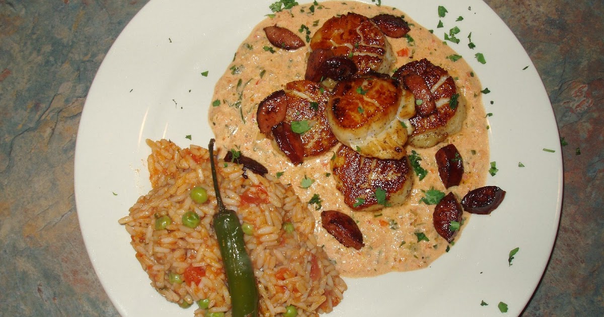 Seared Scallops with Jalapeno Cream Sauce and Mexican Red Tomato Rice