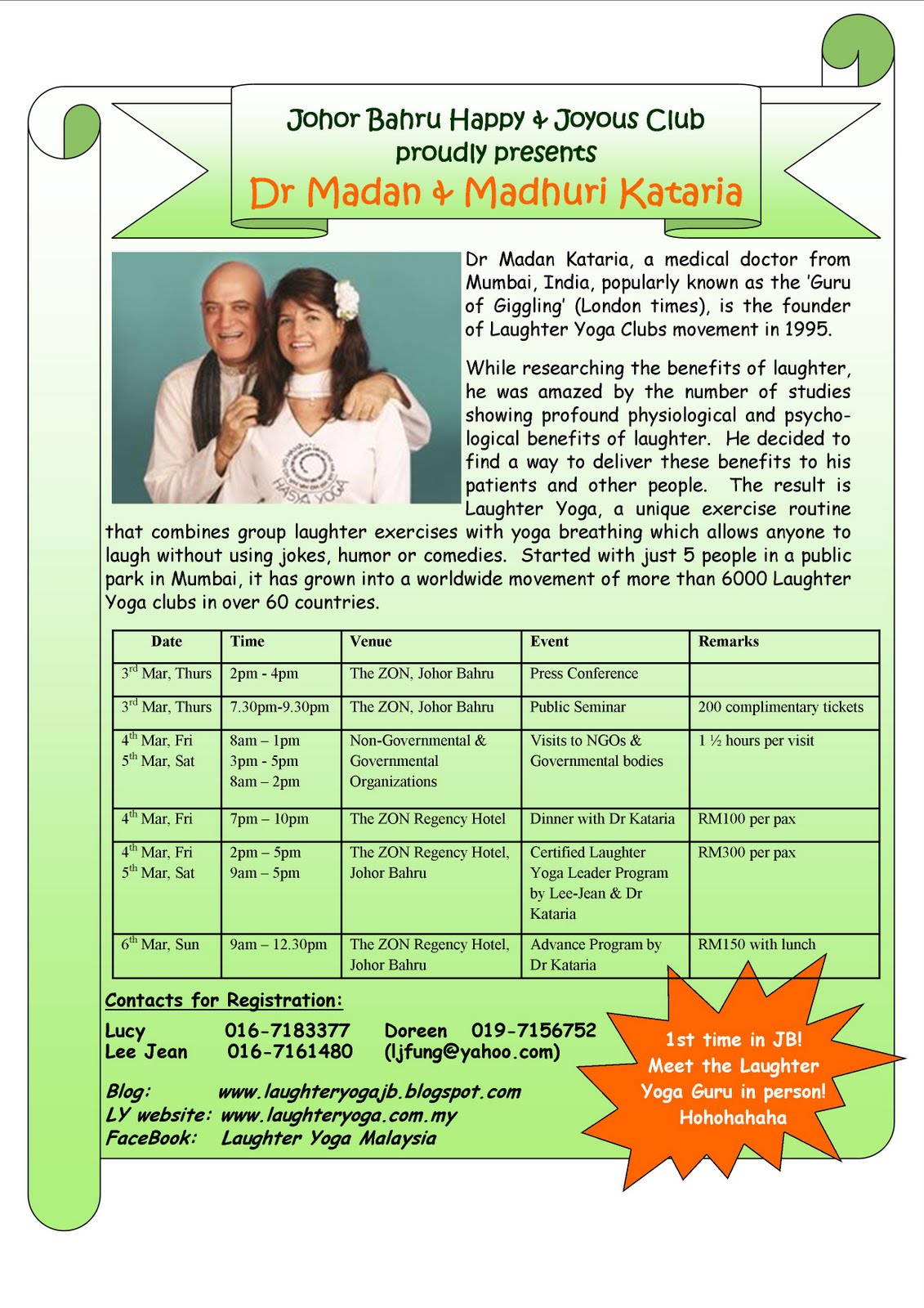 Our Founder Dr Kataria and Madhuri visit to Johor Bahru 3rd - 6th ... Our Founder Dr Kataria and Madhuri visit to Johor Bahru 3rd - 6th ...