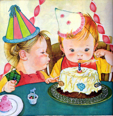 Cartoon of cute babies cutting cake on bithday photo
