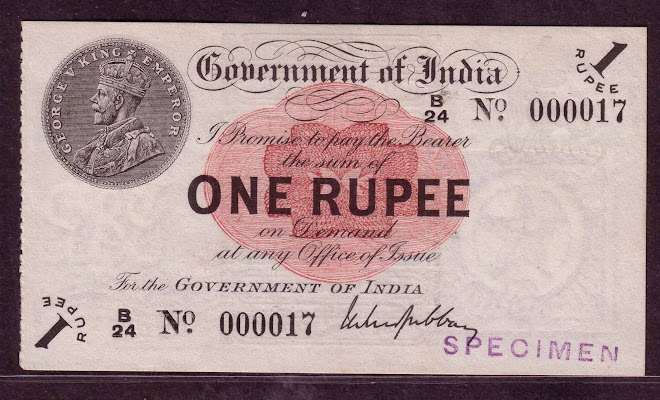 King George Vth 1 Rupee "Specimen & Plate Note"
