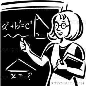 Ilustração do estereótipo da professora, usando óculos diante do quadro negro